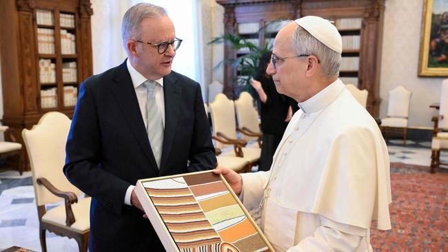 A painting by Victor Harbor artist Amanda Westley is given Pope Leo XIV by Australian Prime Minister Anthony Albanese during an audience in The Vatican. Picture: Vatican Media