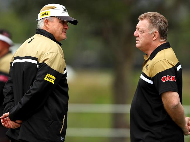 Anthony Griffin and Phil Gould in discussions after  the Penrith Panthers training session at Penrith Panthers league  academy , Penrith .Picture : Gregg Porteous