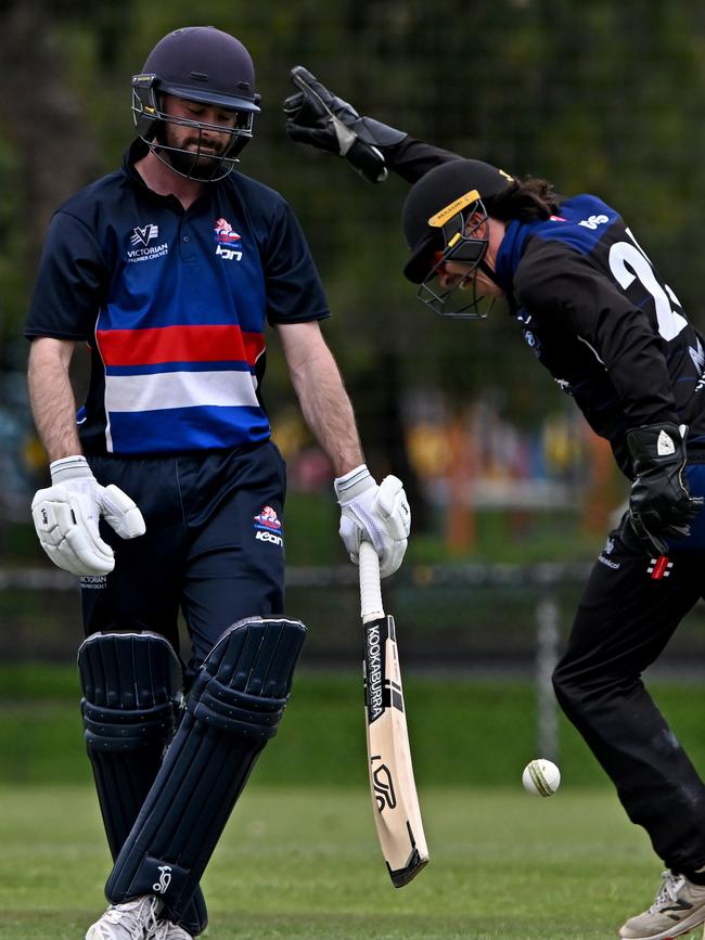 Melbourne University’s Noah Croes celebrates the wicket Footscray’s Ryan Stingel. Picture: Andy Brownbill