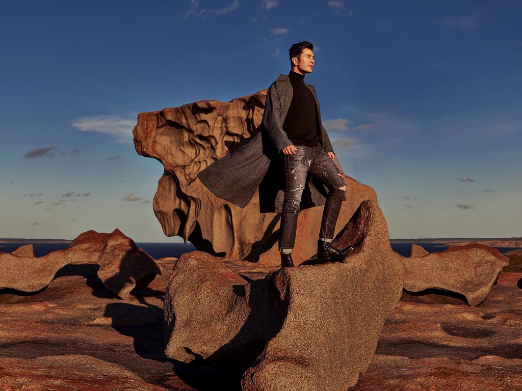 Huang Xiaoming at Remarkable Rocks, Kangaroo Island. Picture: South Australian Tourism Commission