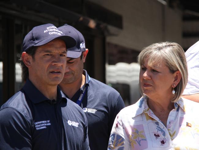 School attendance officers Cory and Jono Schwalger talk with Education and Training minister Jo Hersey while on patrol in Alice Springs on Thursday, February 6, 2025. Picture: Gera Kazakov