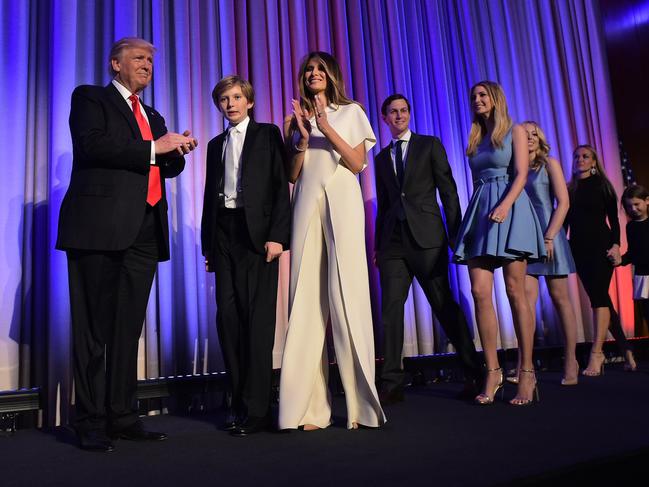 The then-President elect arrives with his family to speak during election night at the New York Hilton Midtown in New York. Picture: AFP