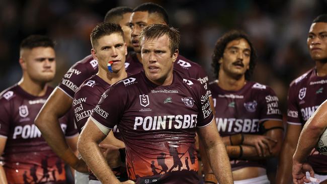 SYDNEY, AUSTRALIA - APRIL 23: Jake Trbojevic of the Sea Eagles and his team look dejected after a try during the round eight NRL match between Wests Tigers and Manly Sea Eagles at Campbelltown Stadium on April 23, 2023 in Sydney, Australia. (Photo by Mark Kolbe/Getty Images)