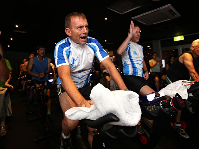 Tony Abbott in the fundraiser spin class in Mosman last week. Picture: Adam Yip