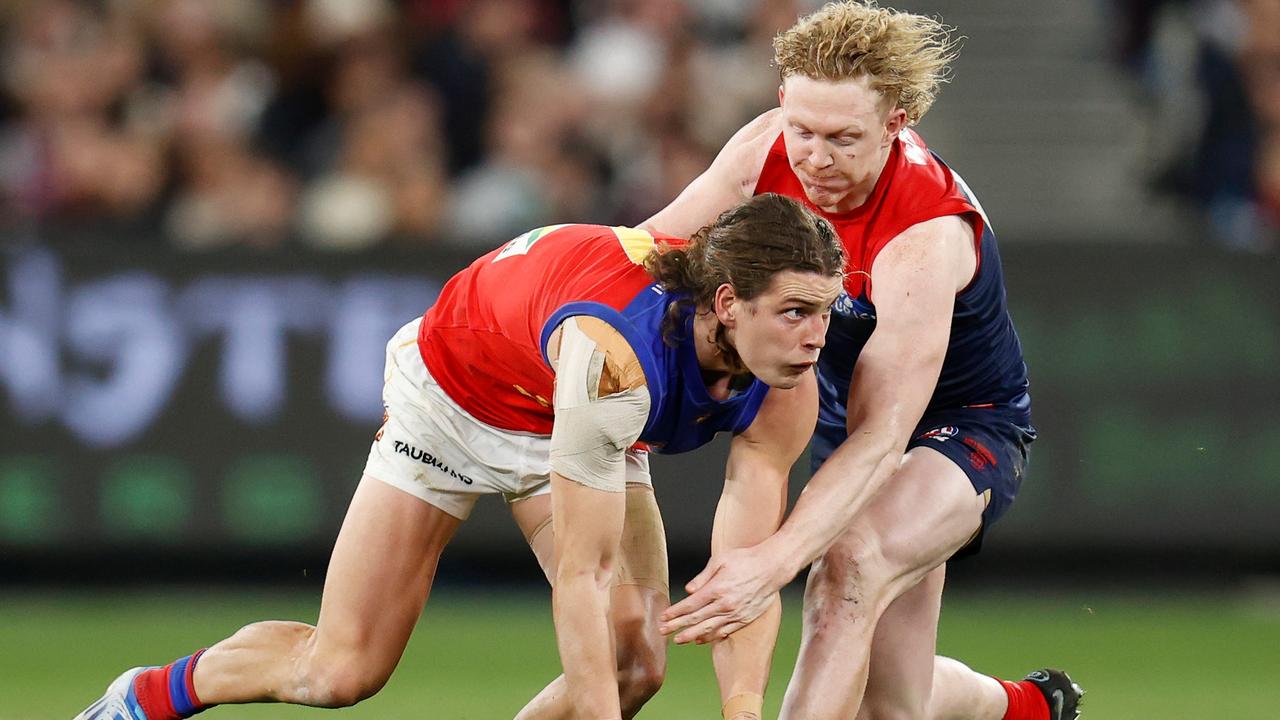 Jarrod Berry up against Clayton Oliver. Picture: Michael Willson/AFL Photos via Getty Images