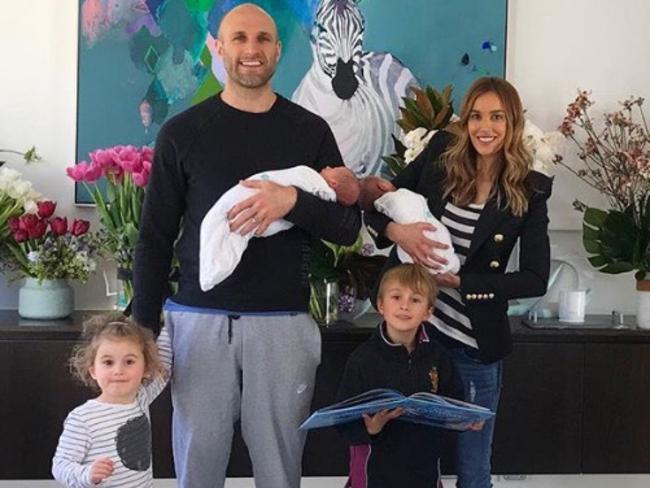 Bec Judd with her husband Chris, her son Oscar, daughter Billie and twins Tom and Darcy. Picture: Instagram