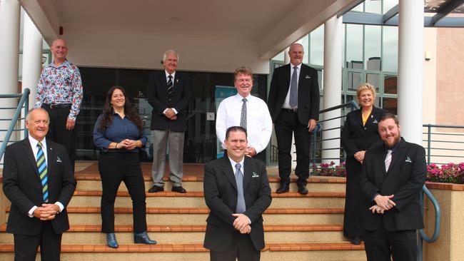 The new Gladstone Regional Council. (Back) Chris Trevor, Chris Cameron, Rick Hansen (middle) Natalia Muzkat, Darryl Branthwaite, Desley O'Grady (front) Glenn Churchill, Mayor Matt Burnett and Deputy Mayor Kahn Goodluck outside the council chambers on April 14, 2020.