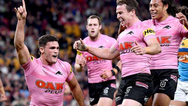 BRISBANE, AUSTRALIA - MAY 16: Nathan Cleary of the Panthers celebrates scoring a try during the round 10 NRL match between the Gold Coast Titans and the Penrith Panthers at Suncorp Stadium, on May 16, 2021, in Brisbane, Australia. (Photo by Bradley Kanaris/Getty Images) *** BESTPIX ***