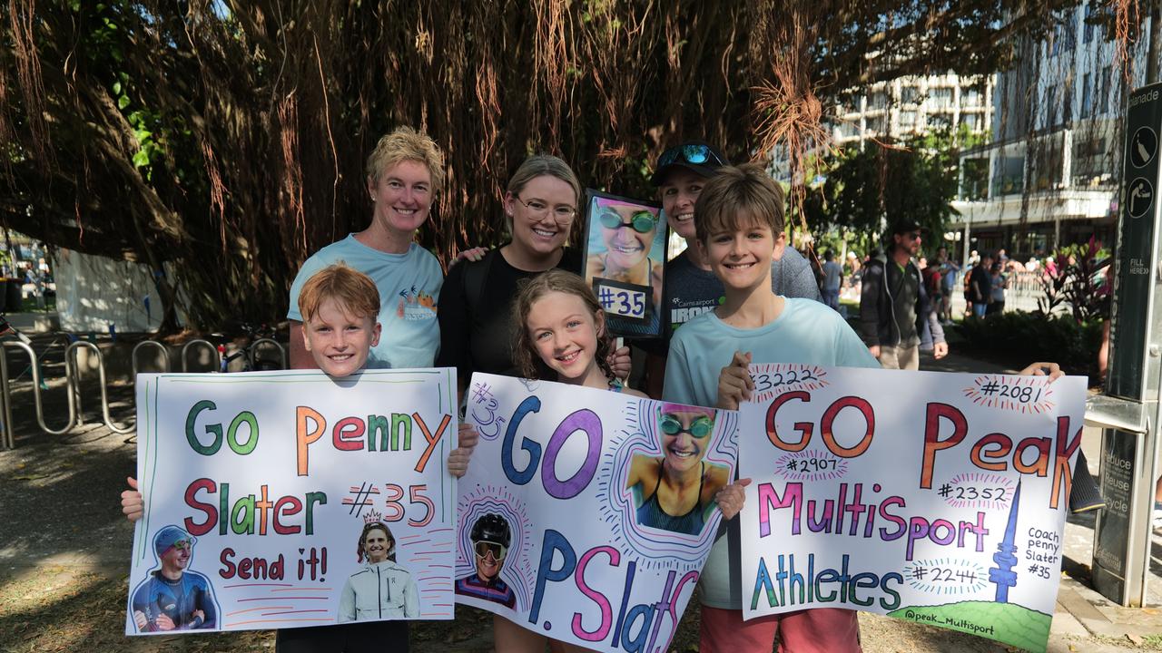 Supporters Sue Akeroyd, Charlie Akeroyd, Maddie Corbett, Annika Back, Amy Yates and Austin Yates travelled from Canberra to cheer on elite triathlete Penny Slater at this year's Cairns Ironman. Photo: Georgia Clelland.