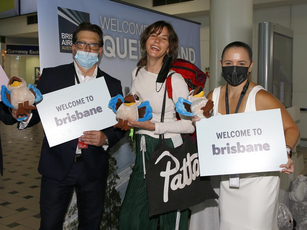 Chantal Ebinger, centre, arrived from Amsterdam. Picture: NCA NewsWire/Tertius Pickard