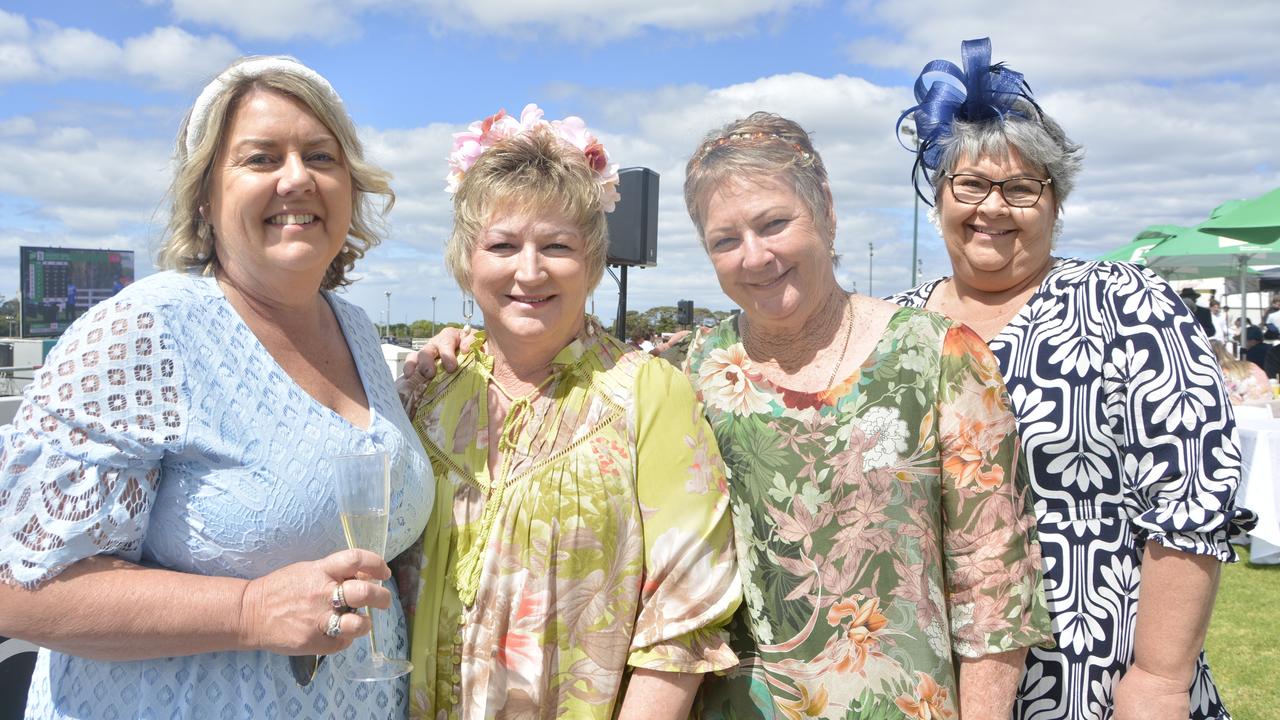 Jo Smith, Tracie Batzloff, Vicki Horsburgh and Carolyn Kohler at the 2023 Audi Centre Toowoomba Weetwood race day at Clifford Park Racecourse.