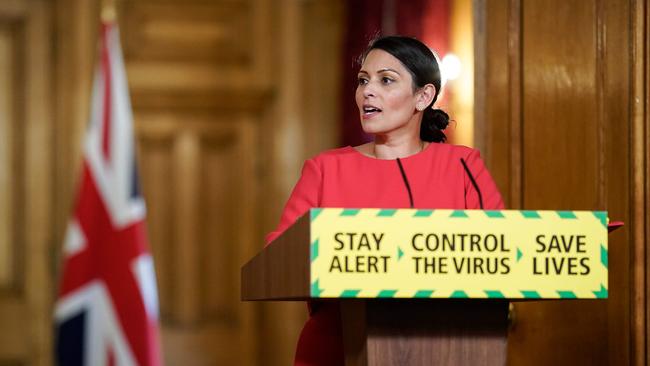 Britain’s interior minister Priti Patel announces the new international quarantine measures at a press conference inside 10 Downing Street in London. Picture: 10 Downing Street