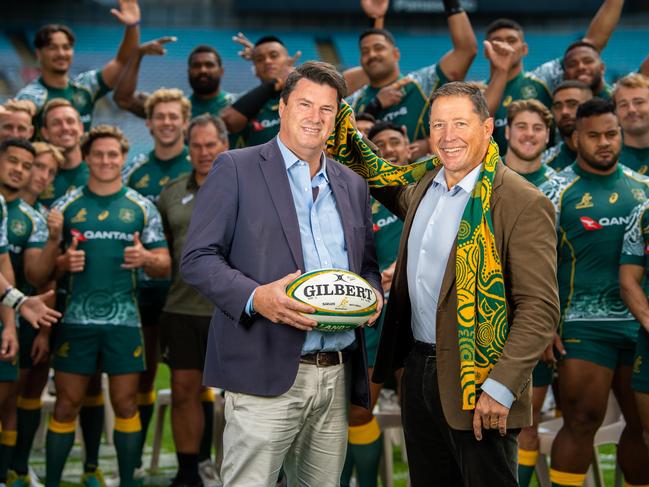 Rugby Australia chairman Hamish McLennan and executive director, Rugby World Cup 2027 bid, Phil Kearns with the Wallabies at ANZ Stadium. Photo: Stuart Walmsley / Rugby Australia