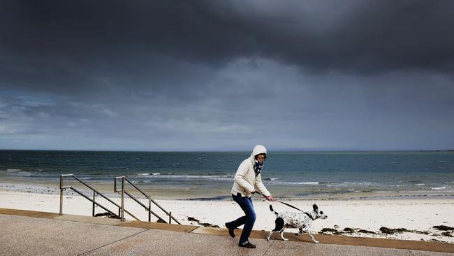 Bribie Island local Deb Miles braves the weather with her dog Miss Pepper at Bongaree. Picture: Lachie Millard