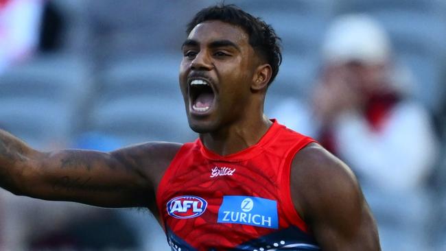 MELBOURNE, AUSTRALIA - MAY 25: Kysaiah Pickett of the Demons celebrates a goalduring the round 11 AFL match between Narrm (Melbourne Demons) and Sydney Swans at Melbourne Cricket Ground, on May 25, 2025, in Melbourne, Australia. (Photo by Quinn Rooney/Getty Images)