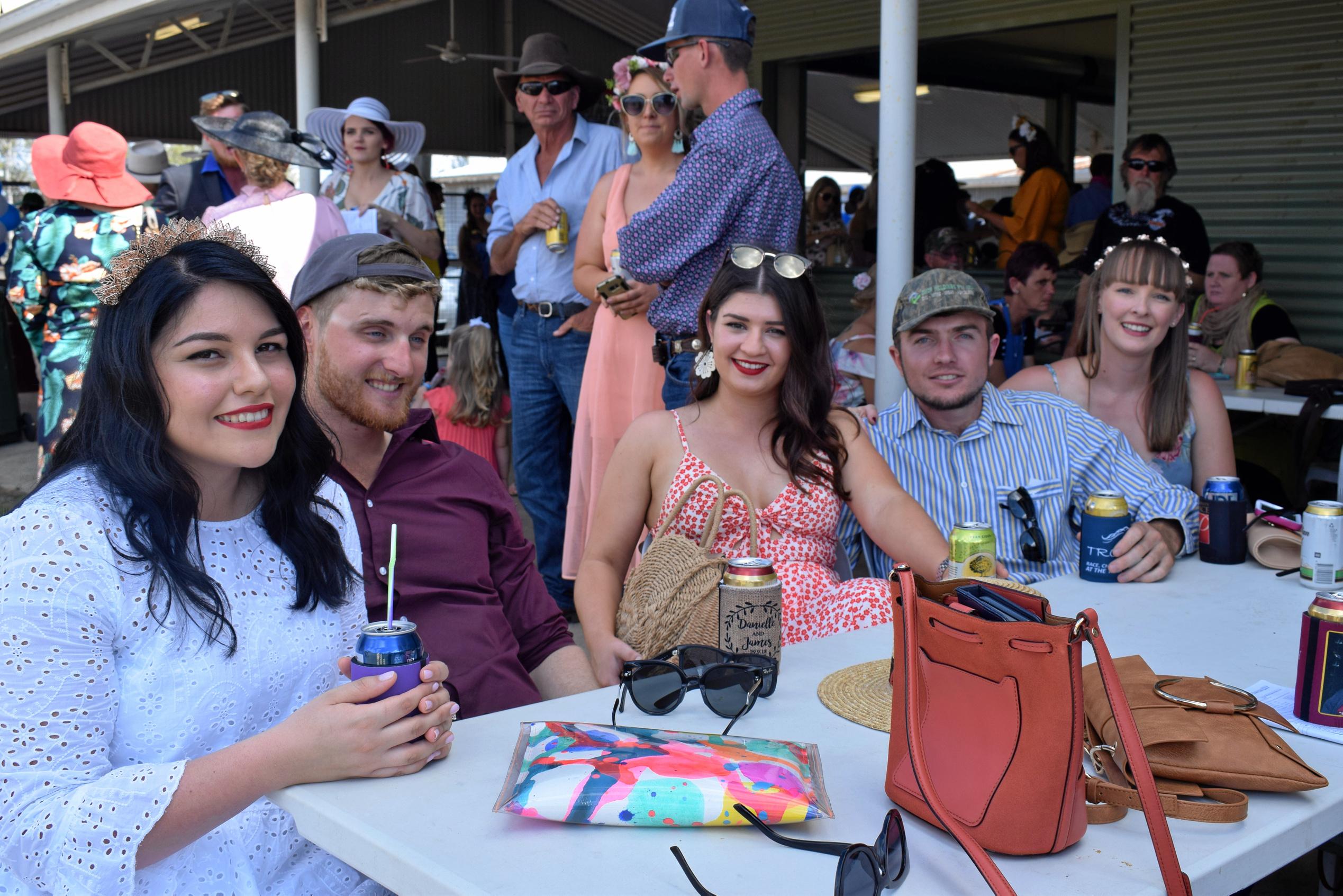 Danielle Powell, James Powell, Suzie Jacovou, Sam McDonald, and Gabby Homer at the Tara Races October 6, 2018. Picture: Brooke Duncan