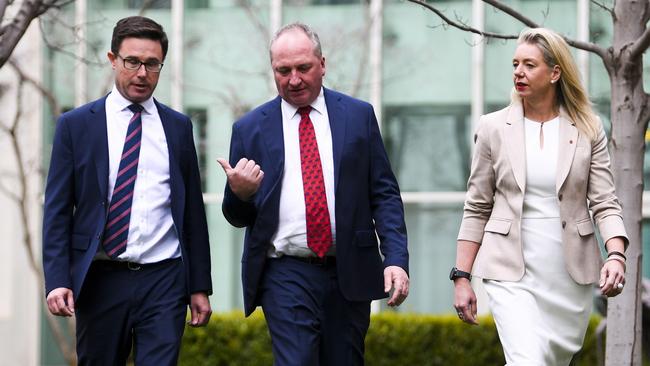 Holding the line: Nationals deputy leader David Littleproud, Nationals leader Barnaby Joyce and Nationals Senate leader Bridget McKenzie in Canberra in June. Picture: AFP