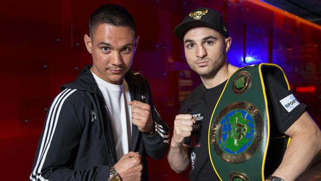 Tim Tszyu and Joel Camilleri square off before their bout. Picture: Justin Lloyd