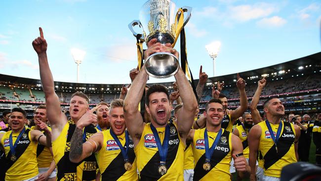 Tiger's captain Trent Cotchin celebrates with the Premiership Cup after Richmond defeated the Adelaide Crows in the 2017 AFL Grand Final at the MCG. picture. Phil Hillyard