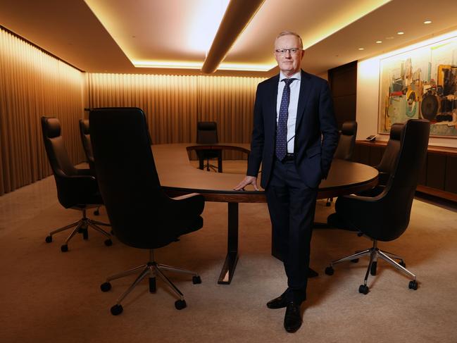 Governor Philip Lowe inside the Reserve Bank of Australia's main board room in Sydney. The RBA blames complex messaging for criticism it broke a promise. Picture: Richard Dobson