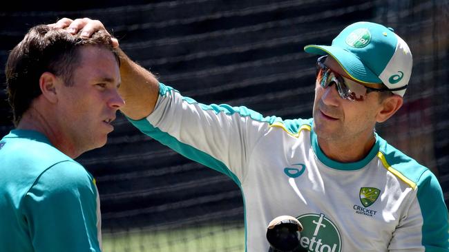 Australia coach Justin Langer (R) is a big believer in Marcus Harris. But is it enough? Picture: AFP