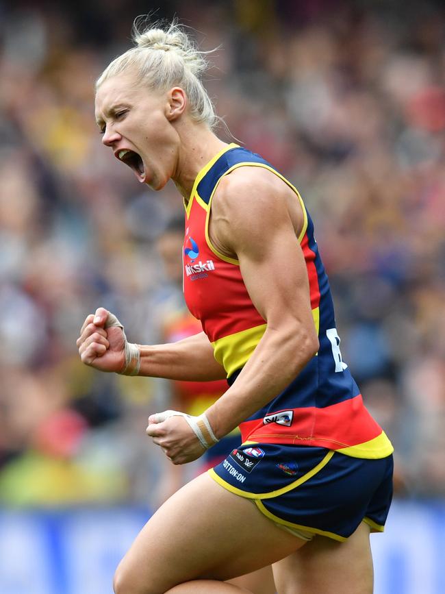 Erin Phillips celebrates a goal during the 2019 AFLW grand final. Picture: AAP Image / David Mariuz