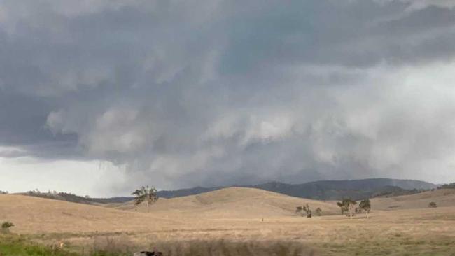 INCOMING: Amanda Bailey posted to Facebook this image of the storm approaching Kilcoy, full of lightning, hail and wind. Picture: Contributed