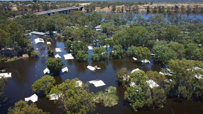 Submerged properties along the bank of the Murray River at Blanchetown. Picture: Murray River Flood Experience / Cameron Kelly