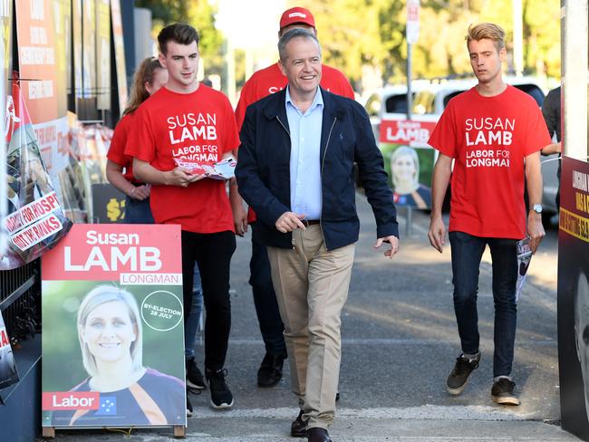 Labor leader Bill Shorten arrives to support the party's candidate for the seat of Longman on Saturday. Picture: AAP Image/Dan Peled