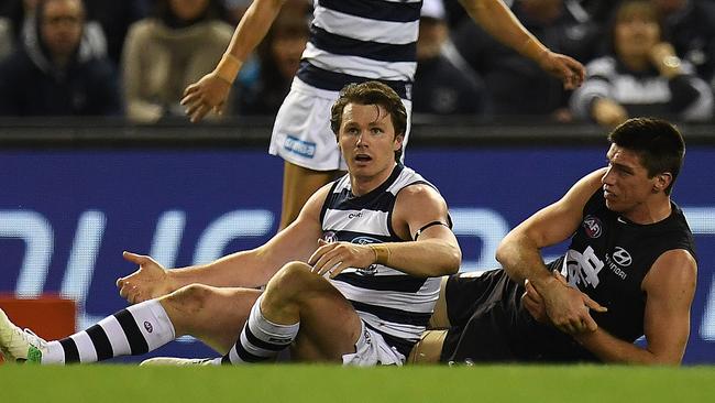 Geelong star Patrick Dangerfield after laying the tackle on Carlton’s Matthew Kreuzer that resulted in the Blue playing no further part in the game on Saturday. Picture: AAP Image/Julian Smith