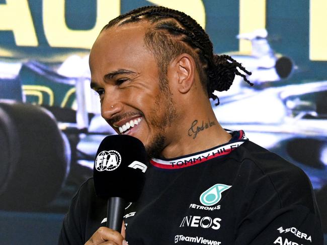 Third qualifying positioned Mercedes' British driver Lewis Hamilton attends a press conference after the qualifying session of the 2023 Formula One Australian Grand Prix at the Albert Park Circuit in Melbourne on April 1, 2023. (Photo by WILLIAM WEST / AFP) / -- IMAGE RESTRICTED TO EDITORIAL USE - STRICTLY NO COMMERCIAL USE --