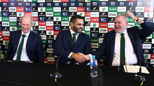 Wayne Bennett, Greg Inglis and Shane Richardson together at Inglis’ retirement announcement. Picture: Matrix Pictures