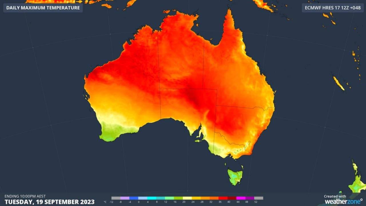 The daily maximum temperature across Australia on Tuesday. Picture: Weatherzone.