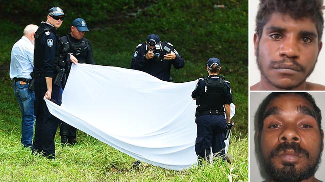 Police at the Townsville scene where two bodies, believed to be Hughie Morton (top right) and Troy Mathieson, were found.