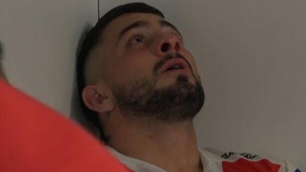 Jack Bird in tears in the Dragons sheds.