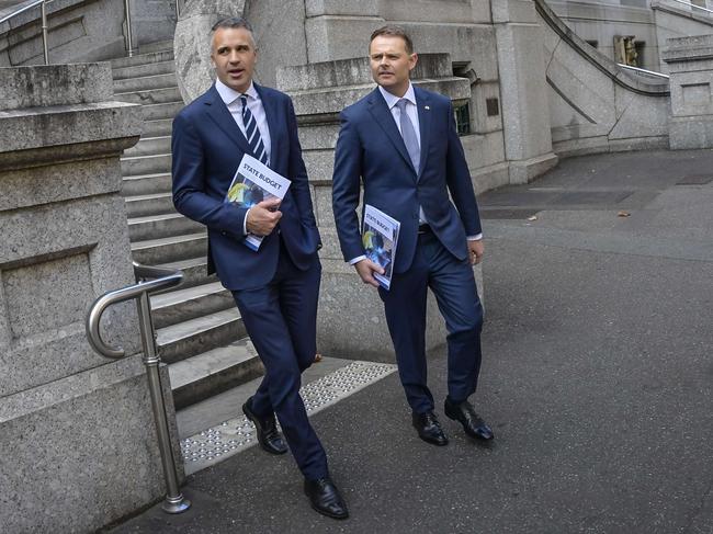 Premier Peter Malinauskas and Treasurer Stephen Mulligan leaving Parliament House before revealing South Australia’s 2024-25 state budget.. Picture: NewsWire / Roy VanDerVegt