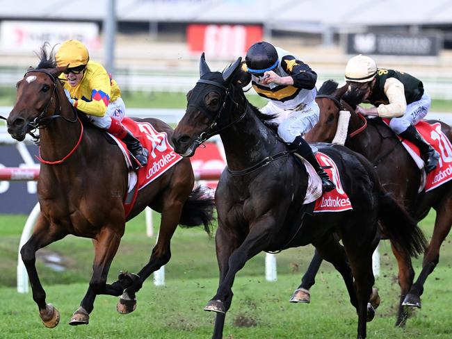 Here To Shock secures a golden ticket into the Group 1 Stradbroke Handicap by scoring the BRC Sprint at Doomben. Picture: Grant Peters, Trackside Photography.