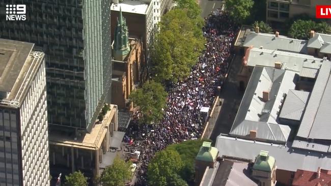 Thousands joined the strike in the Sydney CBD, including off-duty nurses and workers from other sectors. Picture: 9 News