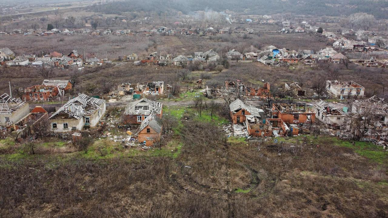 This aerial photograph taken on December 26, 2022 shows destroyed houses in the city of Kamyanka, eastern Ukraine, amid the Russian invasion of Ukraine. Picture: Ionut Iordachescu / AFP.