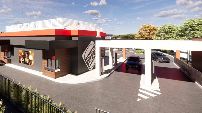 The 240sq m Hungry Jack’s restaurant is set to feature a double bay drive-thru and a dedicated delivery driver pick-up area. Picture: Form4 Architects