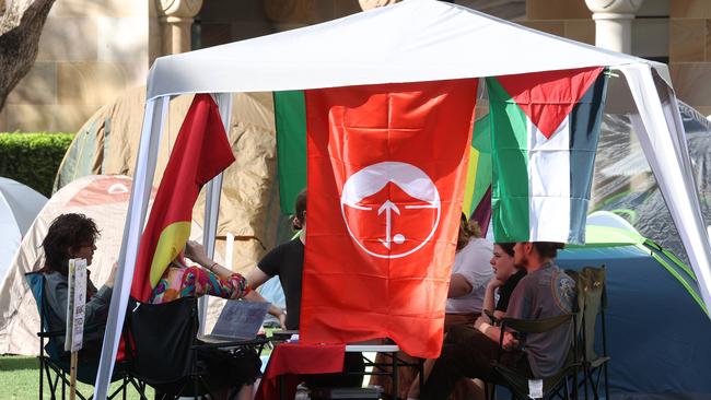 A terrorist flag was on display at a pro-Palestinian protest camp at the University of Queensland in Brisbane in 2024. Picture: Liam Kidston