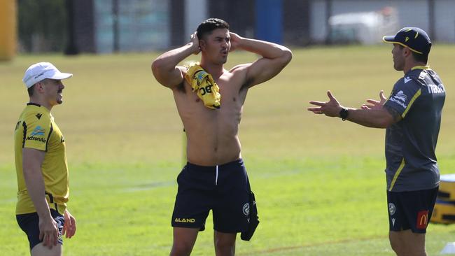 Dylan Brown (C) has been returned to Parramatta’s halves. Picture John Grainger