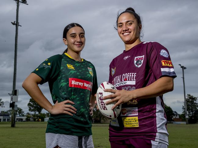 Burleigh Bears will host a 'Girls Can Too' rugby league camp on Saturday, organised by The Rapana Academy.  Kya  Rapana with Burleigh and Broncos women's player Tazmin Gray.   Picture: Jerad Williams