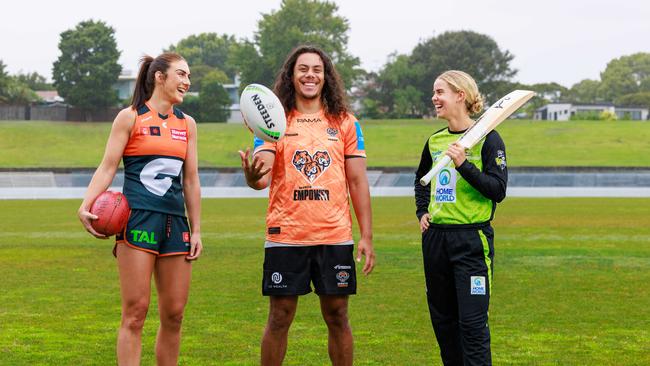 Weekend Telegraph. 19, November, 2024. (Story- Women in Sport). Eilish O'Dowd (AFLW) Jerome Luai and Phoebe Litchfield (WBBL) at Henson Park, Marrickville, today. Picture: Justin Lloyd.