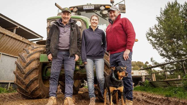 Yanac South mixed farmers Brett, Diana and Dean Wheaton with Tex the Kelpie. Picture by Rachel Simmonds