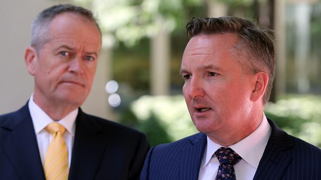 Opposition Leader Bill Shorten, Shadow Treasurer Chris Bowen at a press conference at Parliament House, Canberra, today. Picture: Ray Strange.