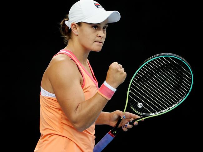 Australian Open tennis.. 02/02/2021.   Ash Barty vs Ana Bogdan. Ash Barty pumps her fist after breaking serve in the 2nd set    . Pic: Michael Klein