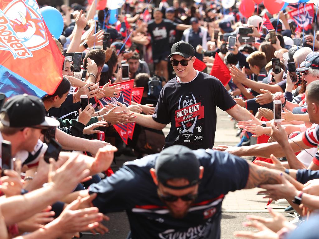 Roosters Sam Verrills during the Sydney Roosters fan day outside the Hordern Pavilion, Sydney after the Roosters 2019 NRL Premiership win. Picture: Brett Costello