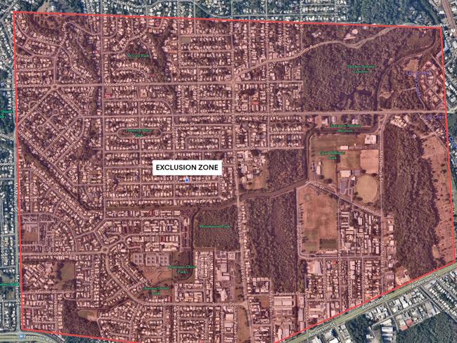 28/03/2024: A map showing the exclusion zone after police made an emergency declaration under the Public Safety Preservation Act (PSPA) in relation to an unfolding police incident in Cairns.