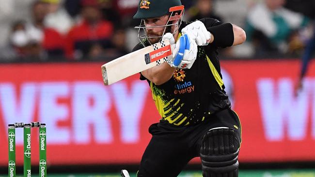 Aaron Finch plays a shot during the fourth T20 international between Australia and Sri Lanka at the MCG in February.